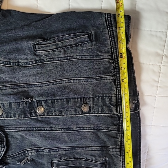 Free People Distressed Denim Jacket with Knit Sleeves and Detachable Hoodie - Picture 5 of 9